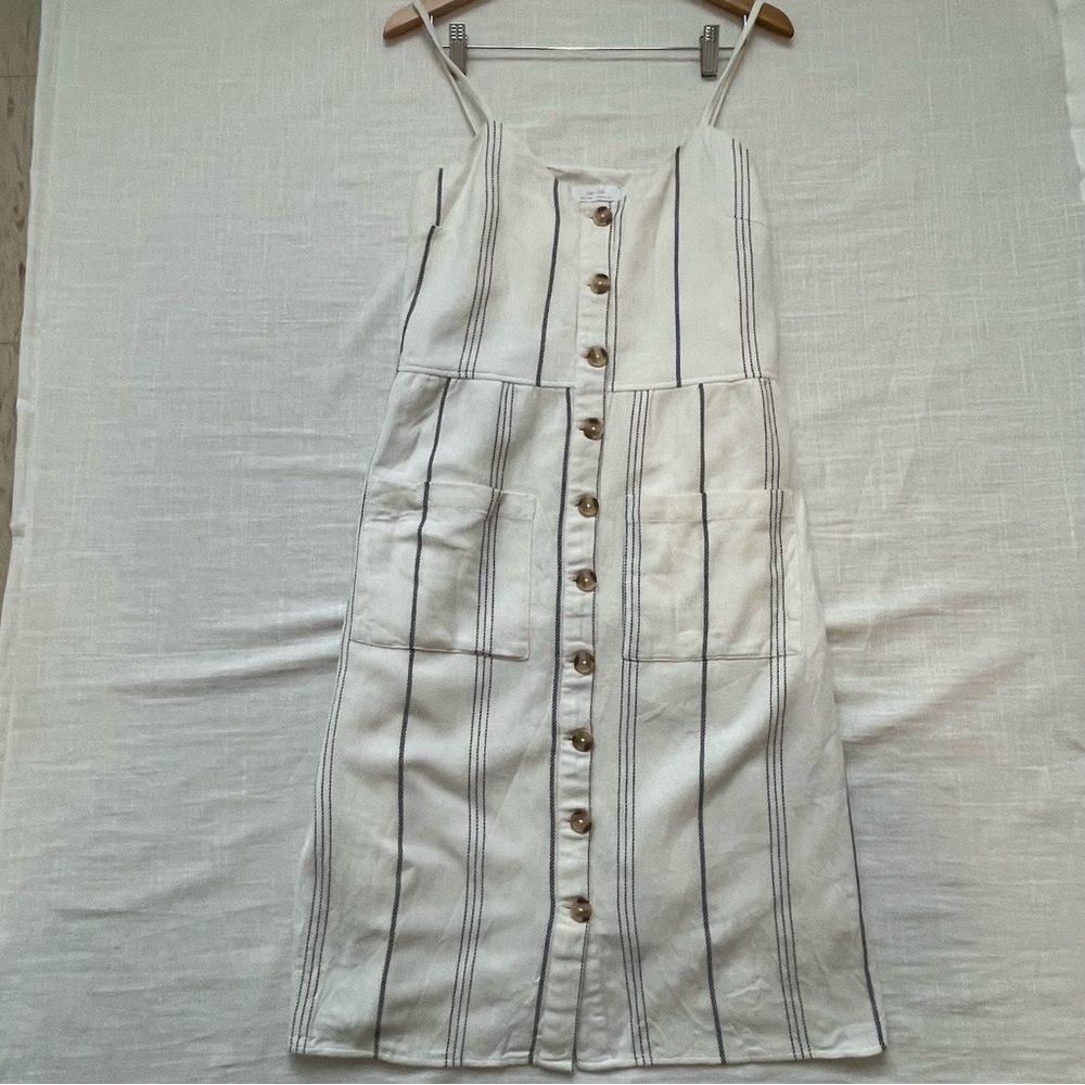 OAK + FORT Cream Midi Dress with Black Vertical Stripes